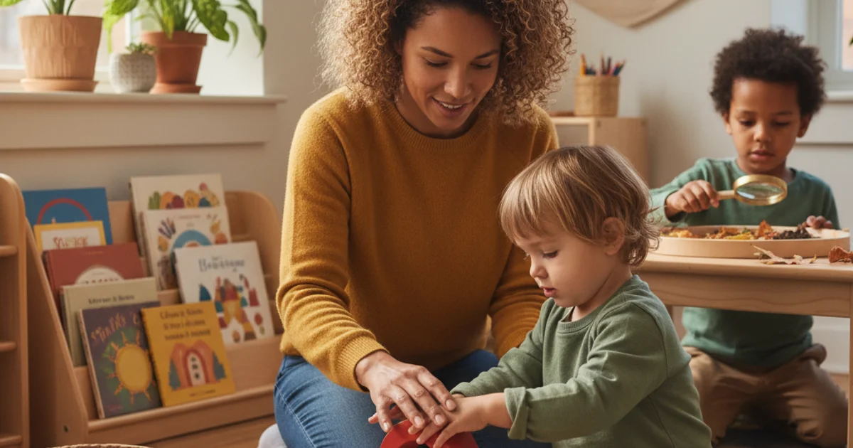 Educator and child working together at a classroom learning station