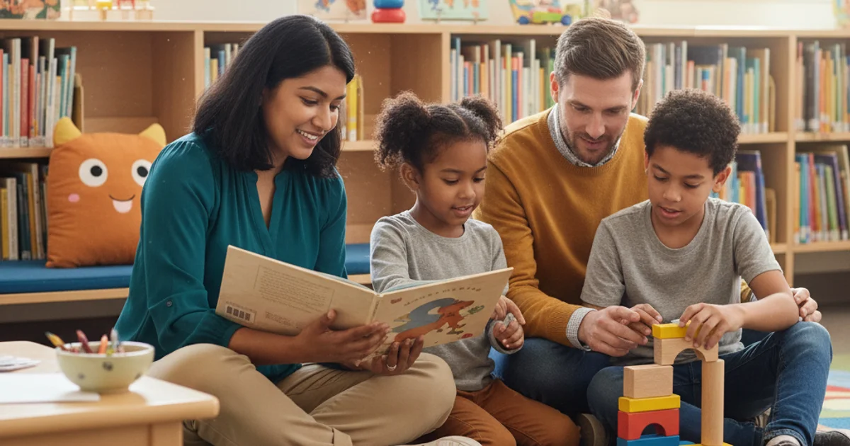 Children browsing picture books on low shelves in a bright, welcoming library space