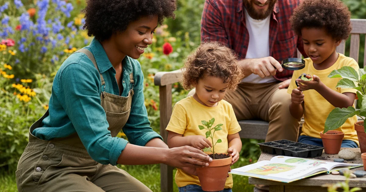 A child planting seedlings in soil with their hands