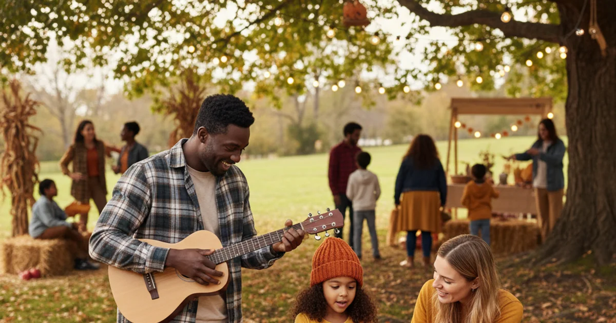 Families gathered outdoors at a fall festival with pumpkins and autumn decorations