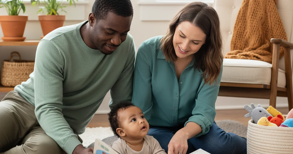 Parent reading a picture book to a young child on a cozy couch