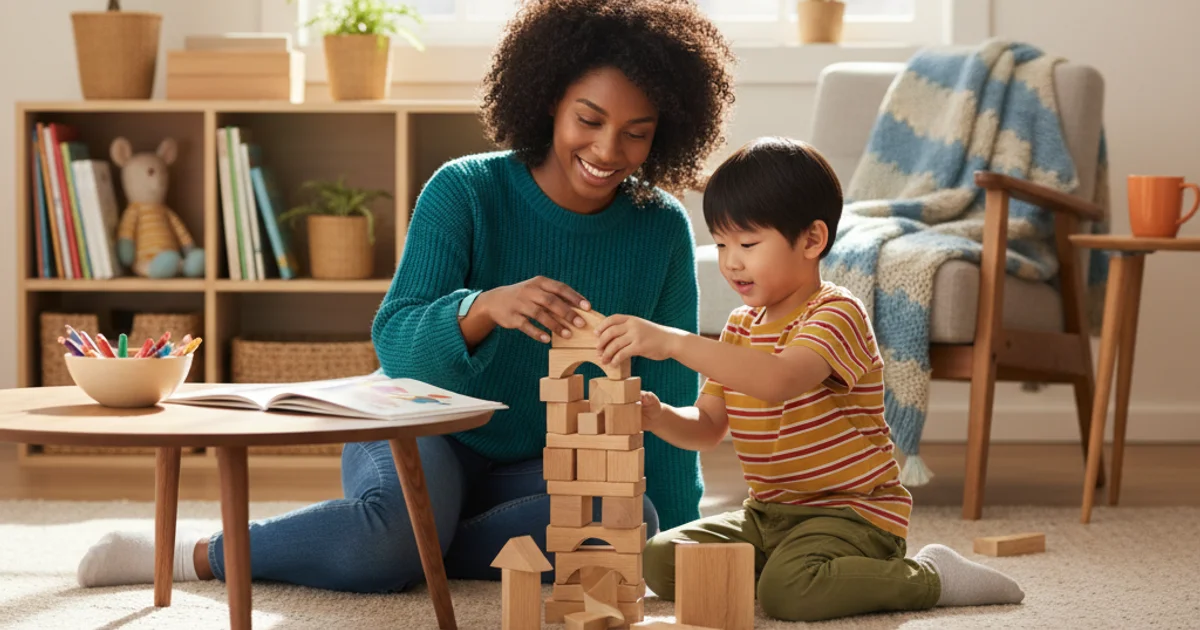 Young child stacking wooden blocks with a look of concentration