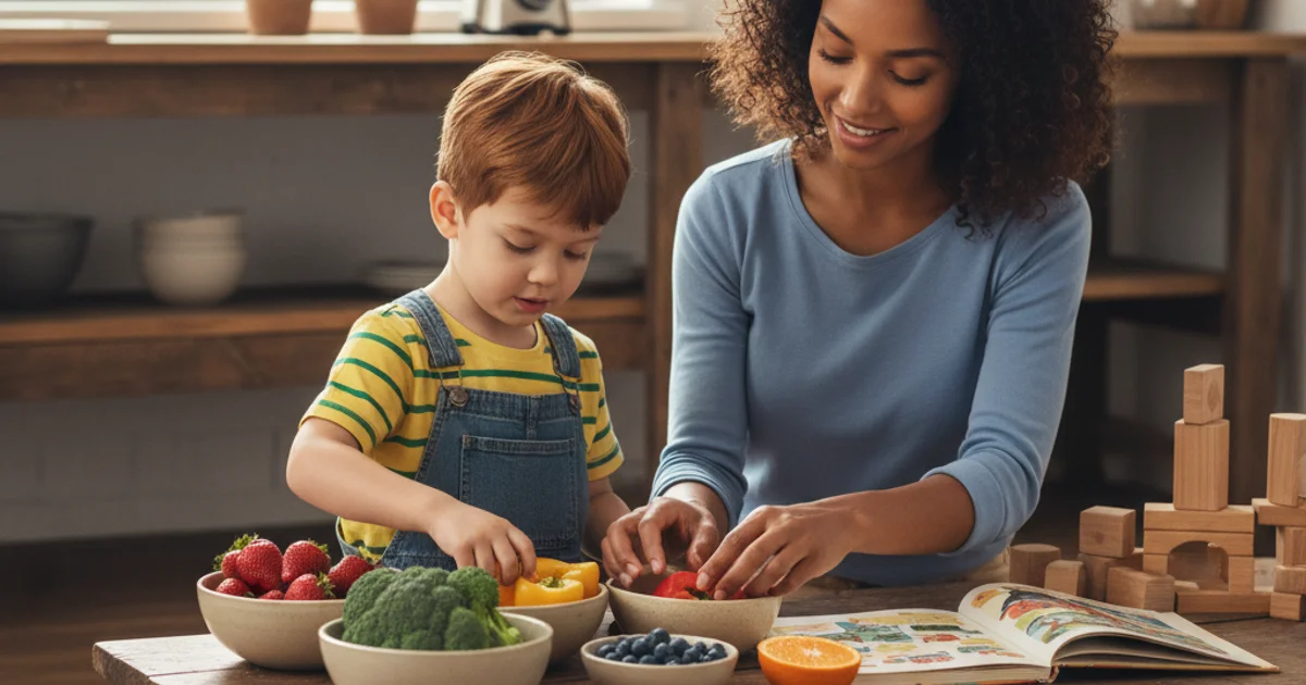 Colorful healthy snacks including fruits, vegetables, and whole grains arranged on a child-friendly plate