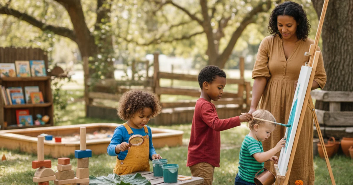 Children exploring an outdoor classroom space with natural play elements and garden beds