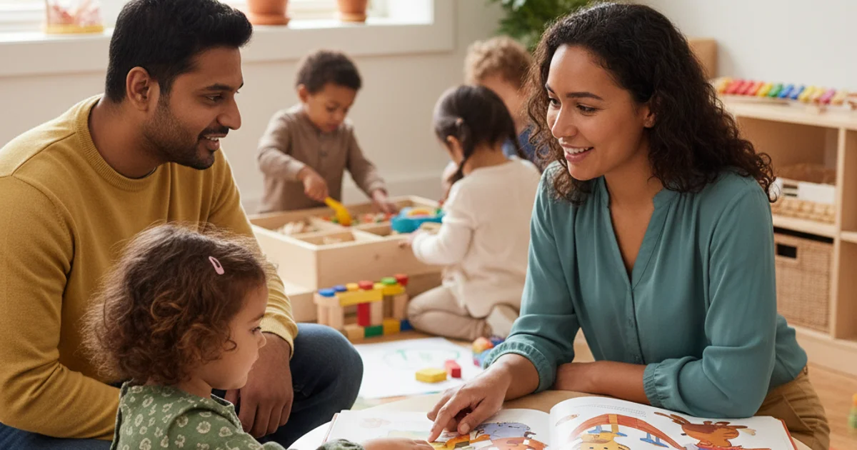 Parent and teacher sitting together at a small table having a warm conversation
