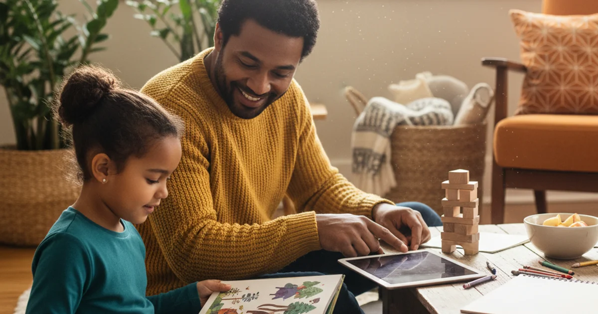 Parent and child sitting together looking at a tablet, engaged in shared screen time