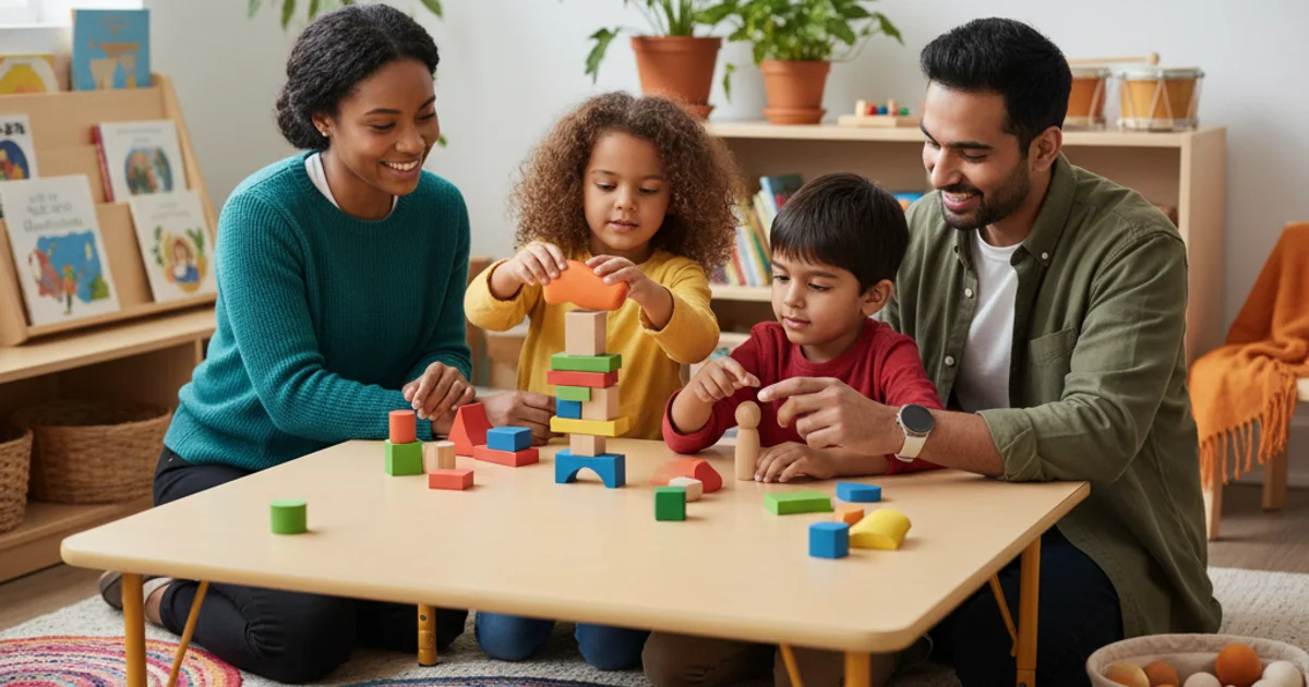 Two young children sitting together sharing toys and smiling