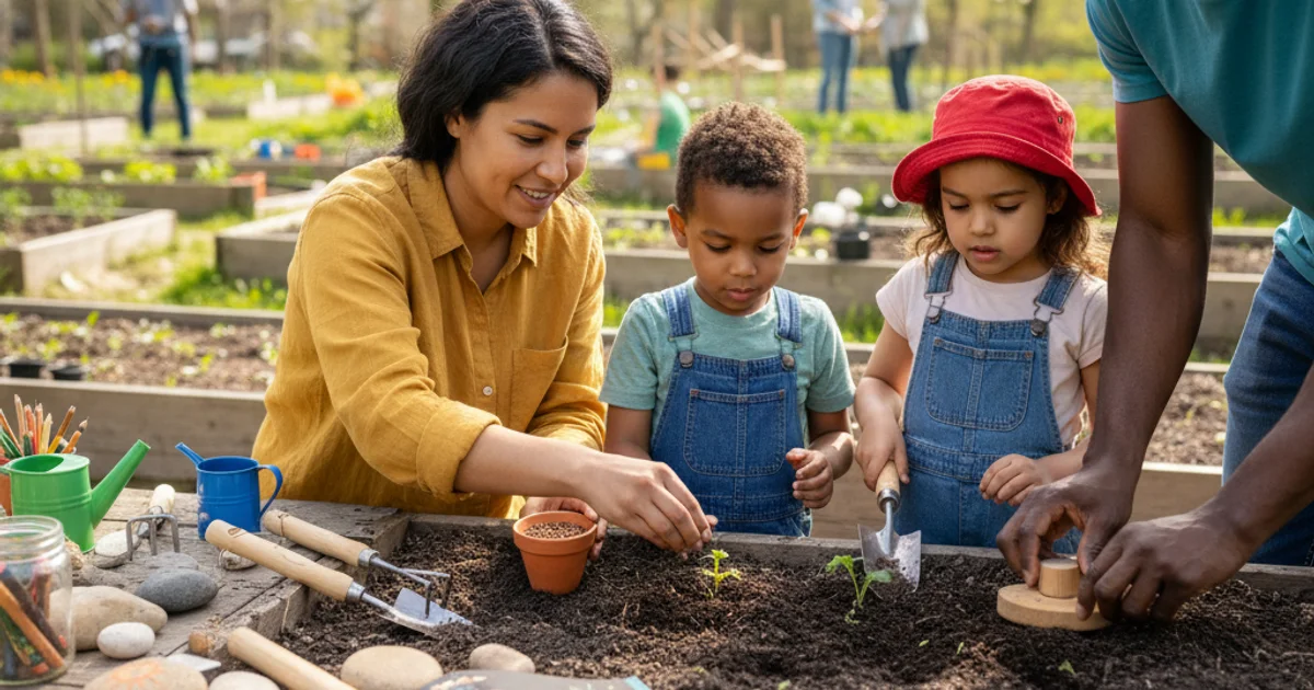 Small hands planting seeds in a garden bed with soil and small gardening tools