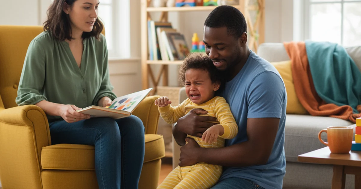 A parent kneeling at eye level with a young child during a difficult moment