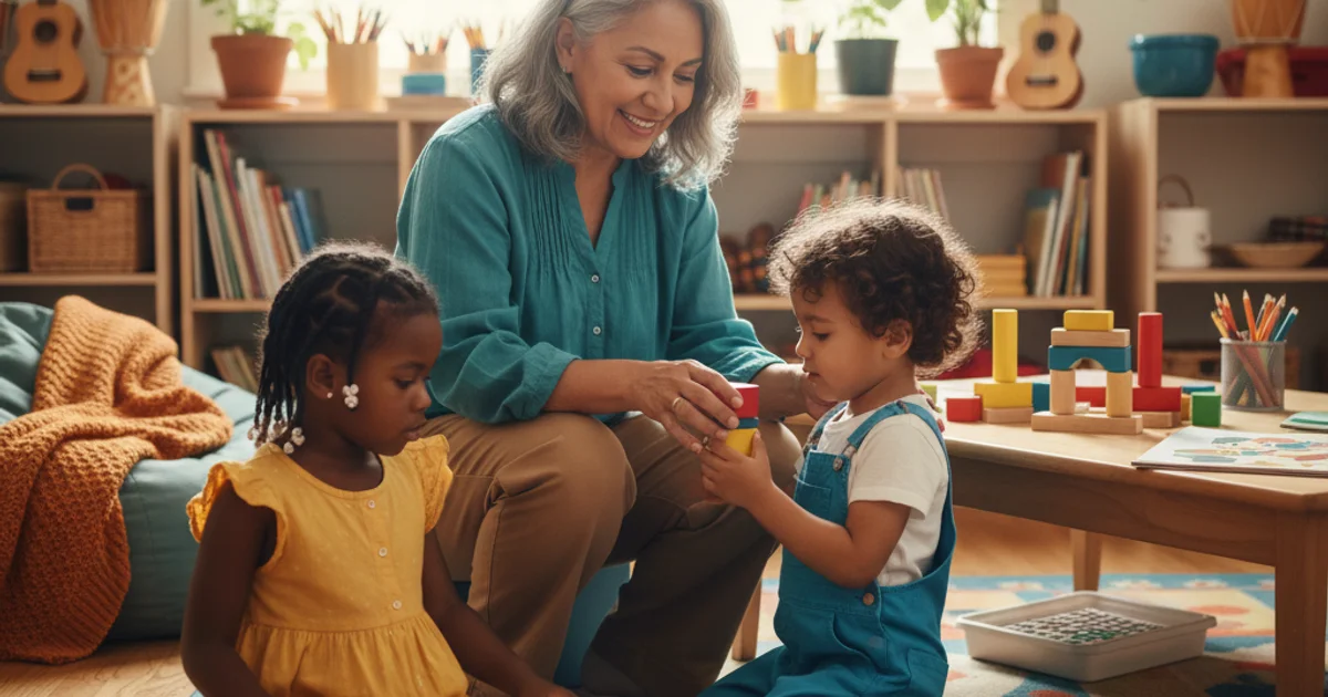 Volunteer reading a picture book with a small group of attentive children